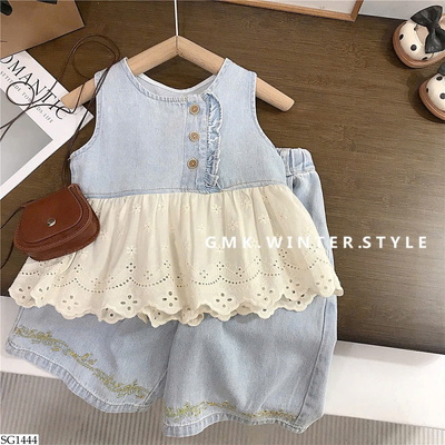 SG1444 SET BỘ DENIM PHỐI REN CHO BG