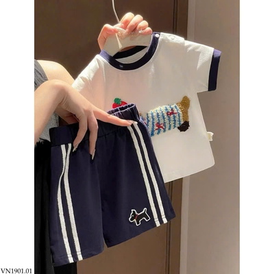 VN1901.01 BỘ COTTON CỘC IN CÚN TRẮNG THAN CHO BÉ TRAI 