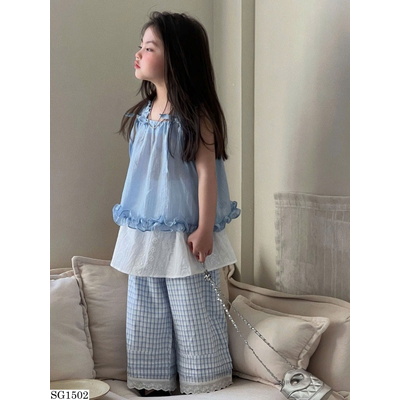 SG1502 SET ÁO 2 DÂY BÈO NHÚN MIX QUẦN KẺ CARO BG