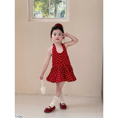 V9283 VÁY CHẤM BI CỔ YẾM BG