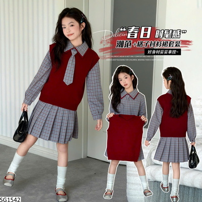 SG1542 SET ÁO GILE MIX VÁY KẺ CARO CHO BÉ
