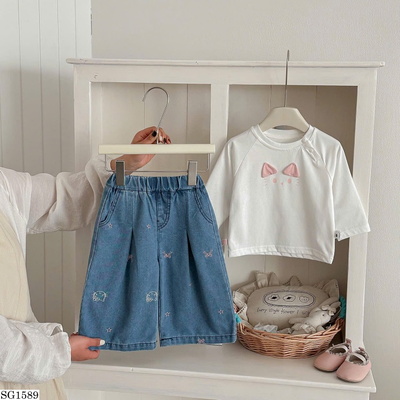 SG1589 SET ÁO THUN DÀI TAY MÈO CON MIX QUẦN JEANS BG