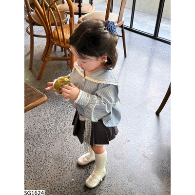 SG1624 SET ÁO SƠ MI KẺ MIX CHÂN VÁY XẾP LY CHO BÉ