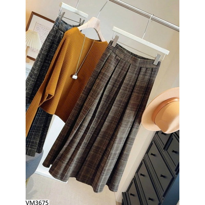 VM3675 CHÂN VÁY MIDI KẺ CARO HÃNG ANNA