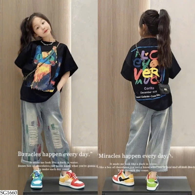 SG1660 SET ÁO PHÔNG MÈO MIX QUẦN JEAN RÁCH BG 
