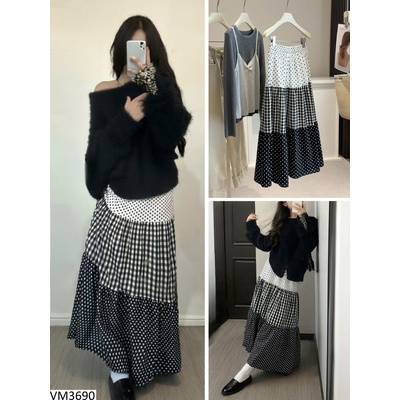 VM3690 CHÂN VÁY DÀI HỌA TIẾT KẺ CARO VÀ CHẤM BI HÃNG ANNA