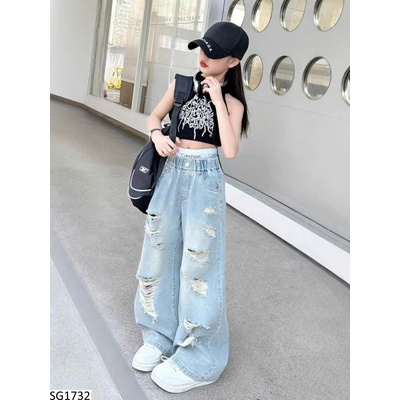 SG1732 SET ÁO CRT MIX QUẦN JEAN RÁCH CHO BÉ