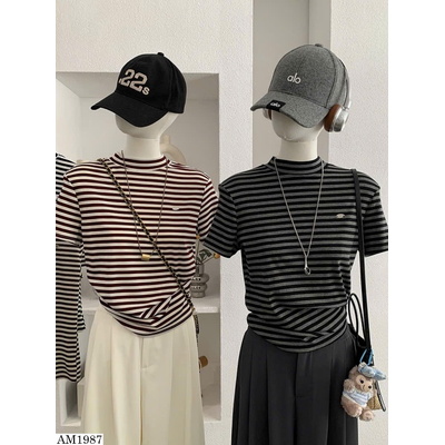 AM1987 ÁO THUN CỔ CAO KẺ SỌC NỮ