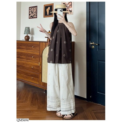 QM5694 QUẦN ỐNG RỘNG HỌA TIẾT HỞ VIỀN REN