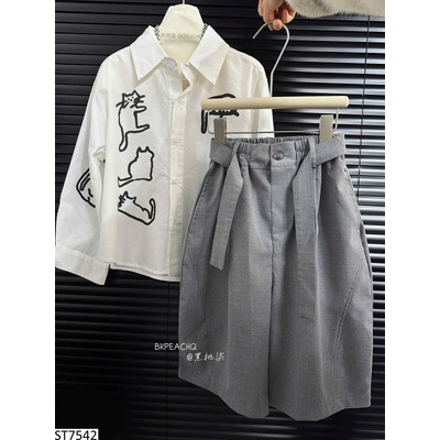 ST7542 SET ÁO SƠ MI HỌA TIẾT MÈO MIX QUẦN BT