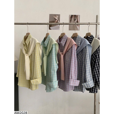 AM2028 ÁO SƠ MI KẺ PHỐI KHĂN CHO NỮ