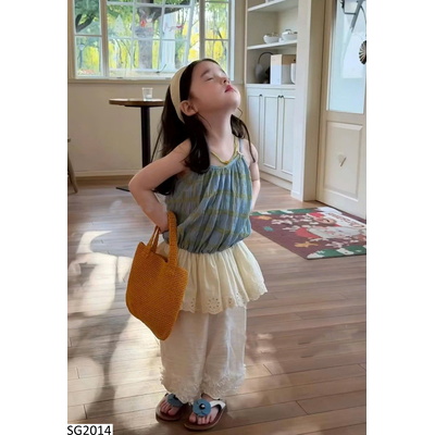 SG2014 SET ÁO 2 DÂY KẺ MIX QUẦN TRẮNG VIỀN REN BG