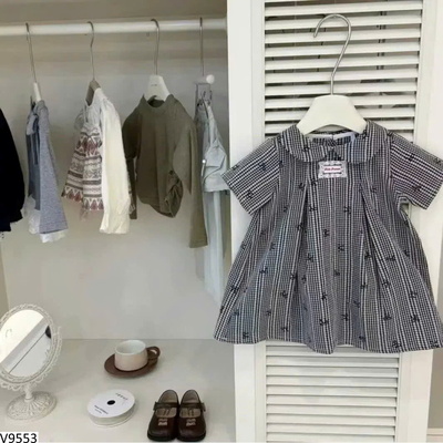 V9553 VÁY KẺ CARO HỌA TIẾT NƠ BG