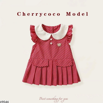 V9544 VÁY SÁT NÁCH KẺ CARO XẾP LY CHERRYCOCO