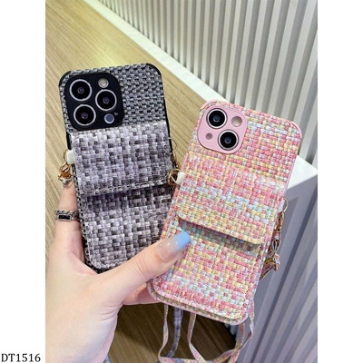 DT1516 ỐP IPHONE TWEED KÈM DÂY ĐEO NGĂN THẺ