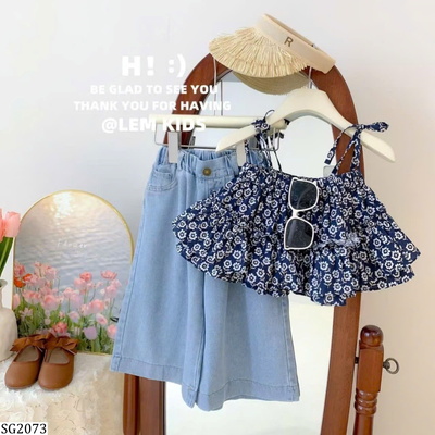 SG2073 SET ÁO 2 DÂY HOA PHỐI QUẦN SUÔNG