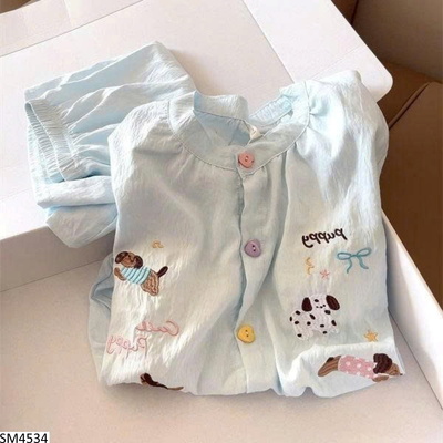 SM4534 BỘ PIJAMA NGẮN TAY THÊU CÚN