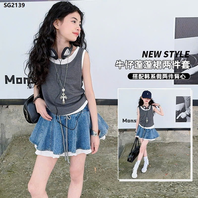 SG2139 -GIÁ MỚI- SET SÁT NÁCH PHỐI CHÂN VÁY DENIM BÉ GÁI