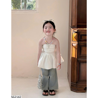 SG2142 SET ÁO QUÂY XÒE EO MIX QUẦN JEAN LOE BÉ GÁI