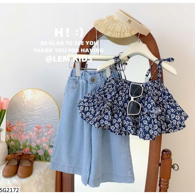SG2172 SÉT ÁO 2 DÂY HOA MIX JEANS ỐNG RỘNG