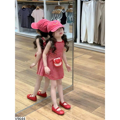 V9644 VÁY 2 DÂY KẺ CARO CHO BG