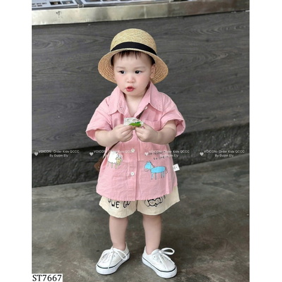 ST7667 SET SƠ MI HỒNG PHỐI QUẦN SHORT HỌA TIẾT