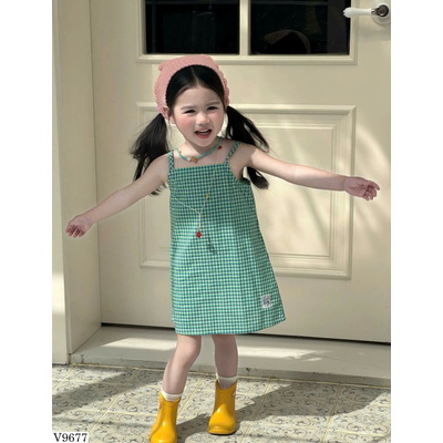 V9677 VÁY KẺ CARO HỞ LƯNG KIỂU HÀN QUỐC DÀNH CHO BÉ