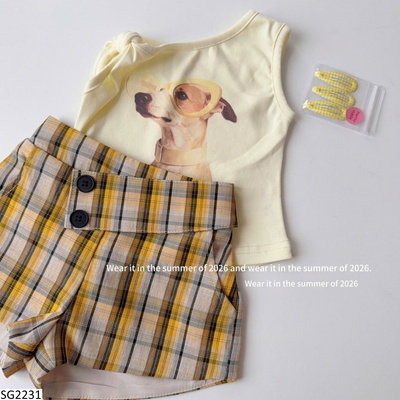 SG2231 SET ÁO LỆCH VAI HÌNH CÚN MIX QUẦN SHORT KẺ CHO BG