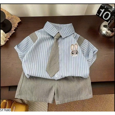 ST7680 SET ÁO SƠ MI THỎ KẺ MIX QUẦN SHORT CHO BÉ