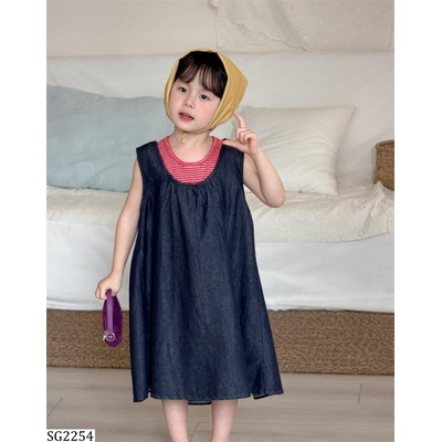 SG2254 ĐẦM DENIM MIX ÁO KẺ ĐỎ