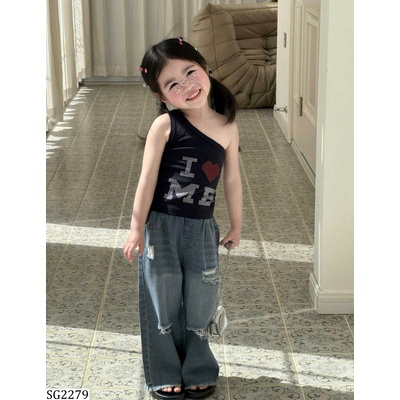 SG2279 SET ÁO LỆCH VAI MIX JEAN RÁCH