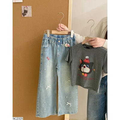 SG2325 ÁO THUN MÈO MIX JEANS SUÔNG GẮN NƠ