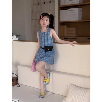 V9772 VÁY KẺ CARO XANH DƯƠNG CHO BÉ GÁI