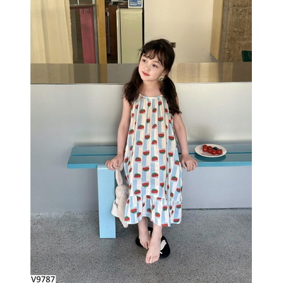 V9787 VÁY MAXI 2 DÂY KẺ CÀ CHUA AMBB