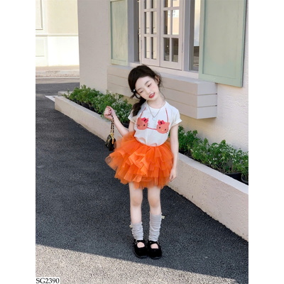 SG2390 SET ÁO THUN KITTY MIX CHÂN VÁY VOAN CAM BÉ GÁI