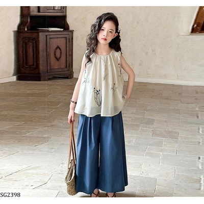 SG2398 ÁO ĐŨI BABYDOLL THÊU HOA MIX QUẦN ỐNG RỘNG