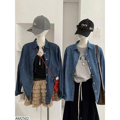 AM2502 ÁO SƠ MI DENIM MỎNG HOẠ TIẾT TRÁI TIM