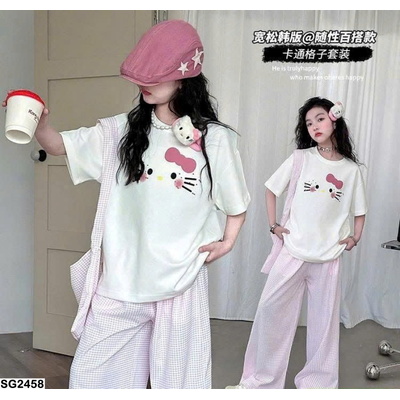 SG2458 SET ÁO THUN KITTY MIX QUẦN KẺ HỒNG