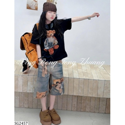 SG2457 SÉT ÁO THUN MIX JEANS LỠ IN GẤU