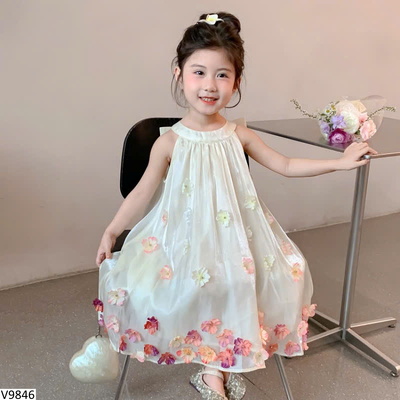 V9846 VÁY HOA CỔ YẾM CHO BG