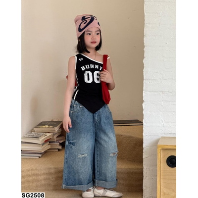 SG2508 ÁO 2 DÂY LỆCH VAI MIX JEANS BAGGY