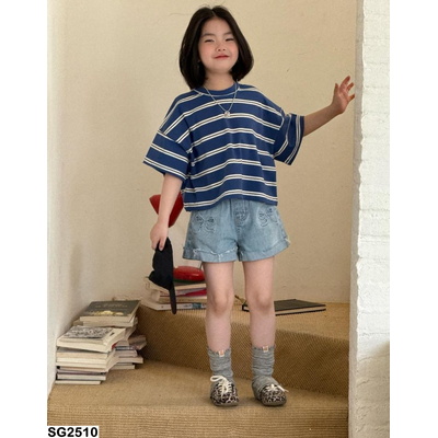 SG2510 CROPTOP KẺ XANH MIX SHORT JEANS THÊU