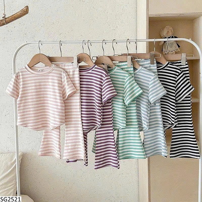 SG2521 SET ÁO NGẮN TAY KẺ  MIX QUẦN ỐNG LOE