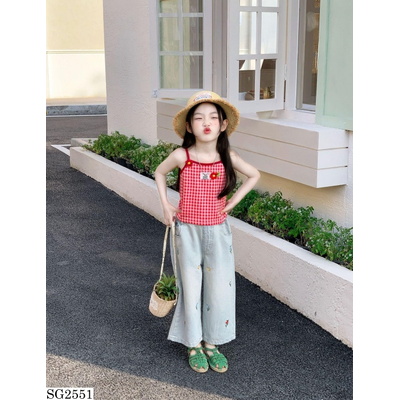 SG2551 ÁO 2 DÂY CARO ĐỎ MIX JEANS SUÔNG