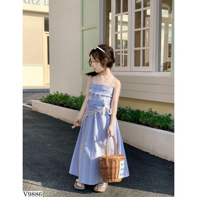 V9886 ĐẦM CARO XANH 2 DÂY