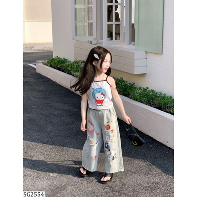 SG2554 ÁO 2 DÂY KITTY MIX JEANS SUÔNG HỌA TIẾT