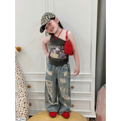 SG2591 ÁO THUN LỆCH VAI + QUẦN JEANS BÉ GÁI