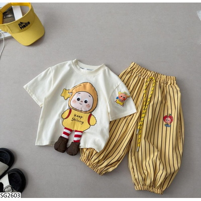 SG2603 SET ÁO HOẠT HÌNH MIX QUẦN KẺ CHO BÉ