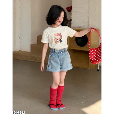 SG2597 SET ÁO THUN KITTY MIX SHORT JEANS ĐÍNH ĐÁ