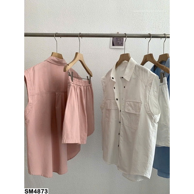 SM4873 Set Denim Áo sơ mi sát nách form rộng mix quần short